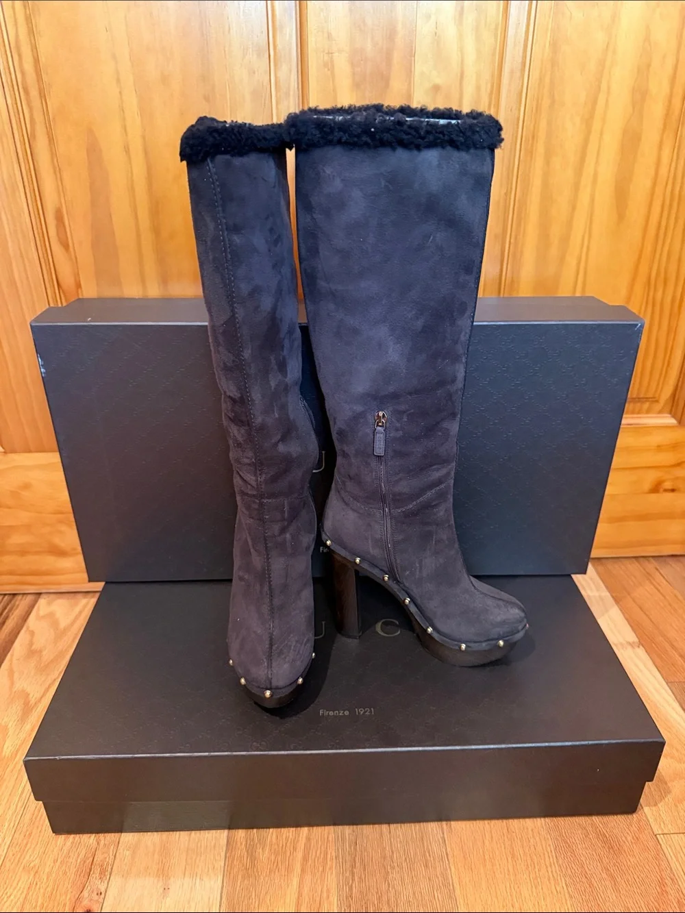 Gucci Black Suede  Shearling Stud Boots